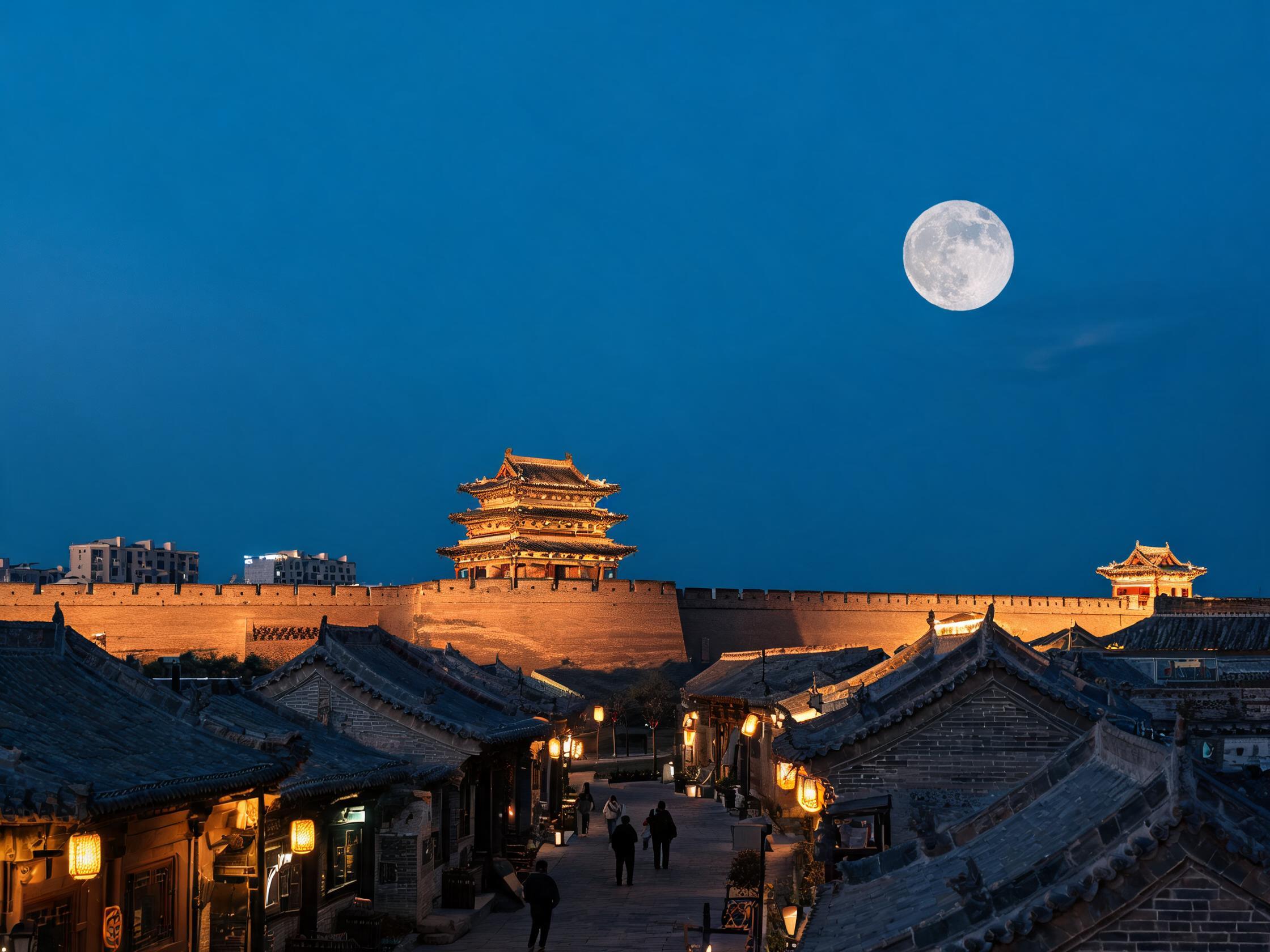 中秋月夜下的大同古城墙与传统街巷