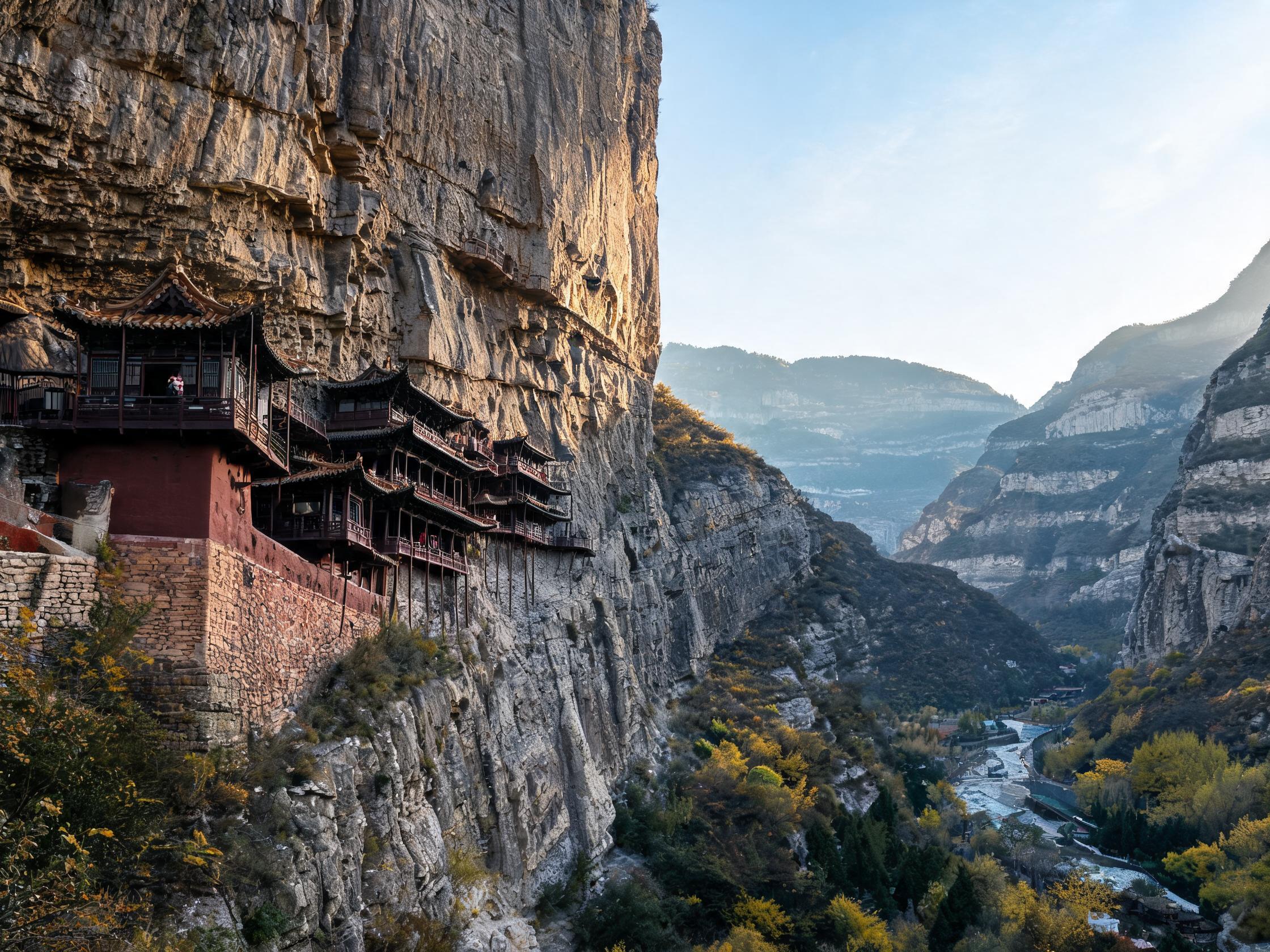 依附于恒山岩壁的悬空寺木构建筑